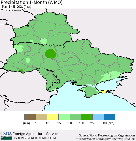 Ukraine, Moldova and Belarus Precipitation 1-Month (WMO) Thematic Map For 5/1/2021 - 5/31/2021