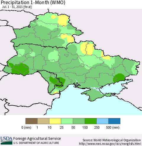 Ukraine, Moldova and Belarus Precipitation 1-Month (WMO) Thematic Map For 7/1/2021 - 7/31/2021