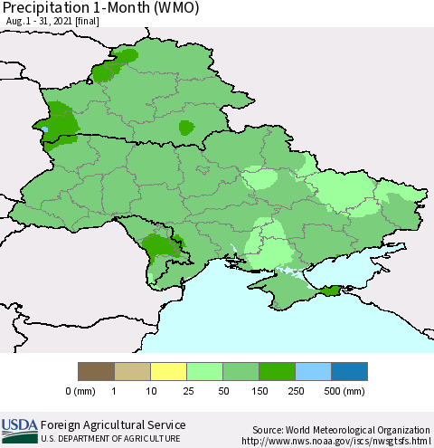 Ukraine, Moldova and Belarus Precipitation 1-Month (WMO) Thematic Map For 8/1/2021 - 8/31/2021