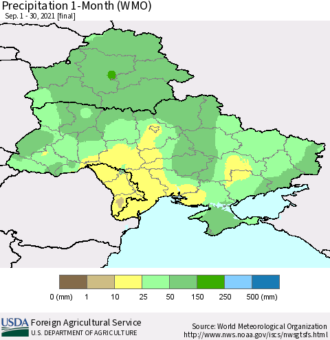 Ukraine, Moldova and Belarus Precipitation 1-Month (WMO) Thematic Map For 9/1/2021 - 9/30/2021
