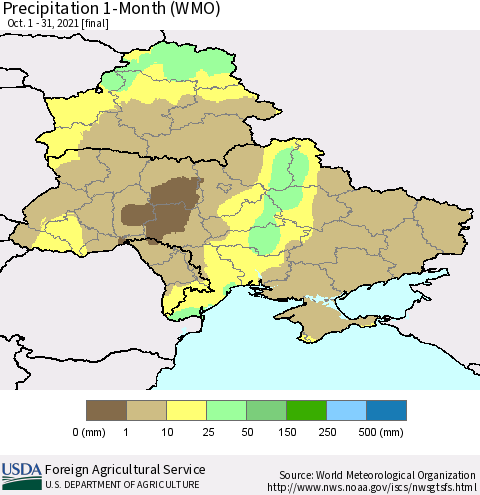 Ukraine, Moldova and Belarus Precipitation 1-Month (WMO) Thematic Map For 10/1/2021 - 10/31/2021