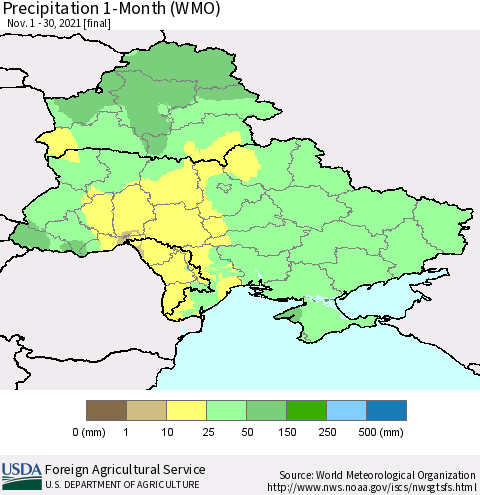 Ukraine, Moldova and Belarus Precipitation 1-Month (WMO) Thematic Map For 11/1/2021 - 11/30/2021
