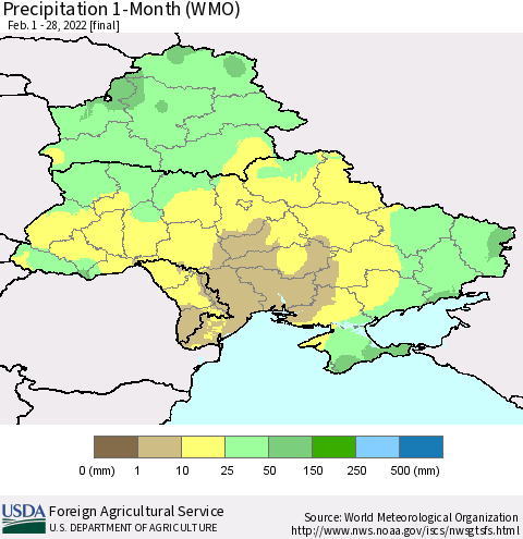 Ukraine, Moldova and Belarus Precipitation 1-Month (WMO) Thematic Map For 2/1/2022 - 2/28/2022