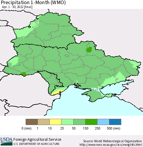 Ukraine, Moldova and Belarus Precipitation 1-Month (WMO) Thematic Map For 4/1/2022 - 4/30/2022