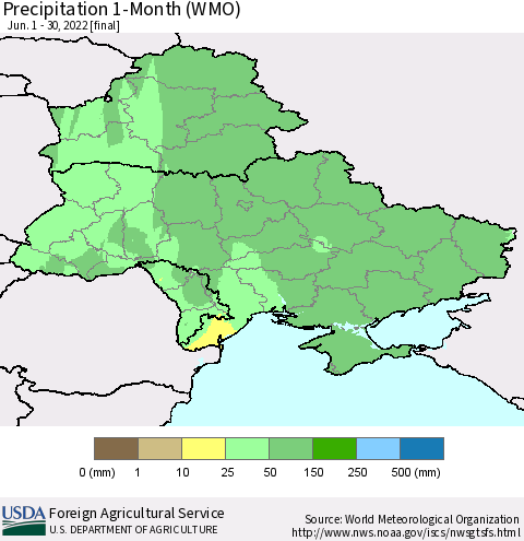 Ukraine, Moldova and Belarus Precipitation 1-Month (WMO) Thematic Map For 6/1/2022 - 6/30/2022