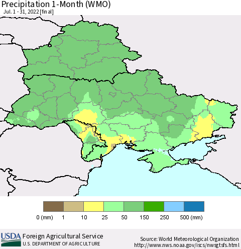 Ukraine, Moldova and Belarus Precipitation 1-Month (WMO) Thematic Map For 7/1/2022 - 7/31/2022