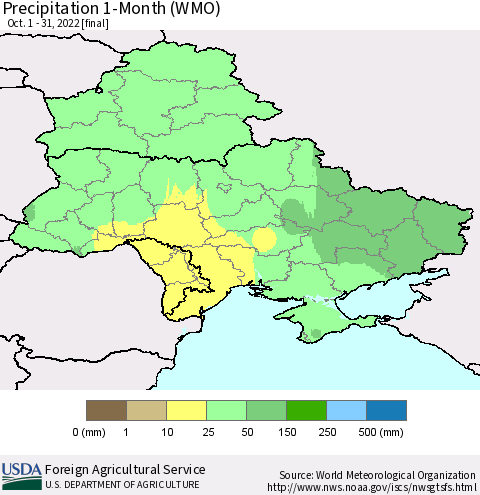 Ukraine, Moldova and Belarus Precipitation 1-Month (WMO) Thematic Map For 10/1/2022 - 10/31/2022