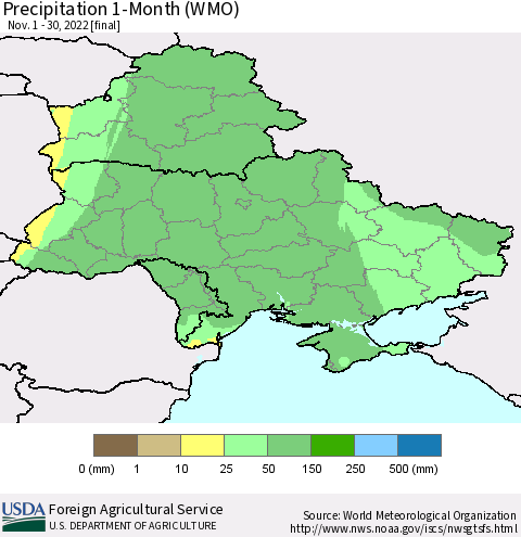 Ukraine, Moldova and Belarus Precipitation 1-Month (WMO) Thematic Map For 11/1/2022 - 11/30/2022