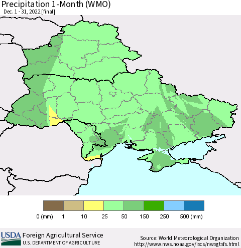 Ukraine, Moldova and Belarus Precipitation 1-Month (WMO) Thematic Map For 12/1/2022 - 12/31/2022
