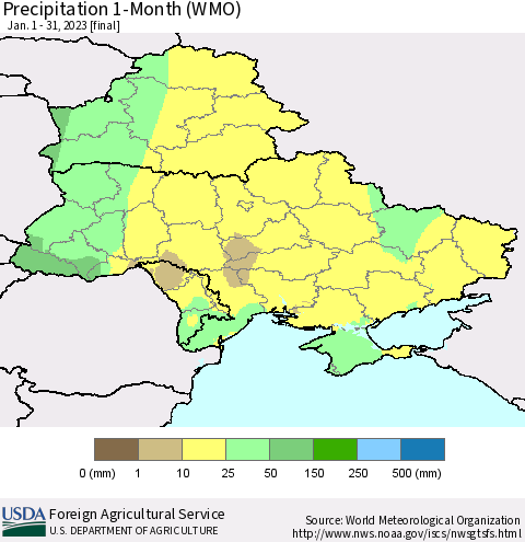Ukraine, Moldova and Belarus Precipitation 1-Month (WMO) Thematic Map For 1/1/2023 - 1/31/2023