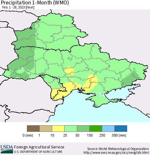 Ukraine, Moldova and Belarus Precipitation 1-Month (WMO) Thematic Map For 2/1/2023 - 2/28/2023