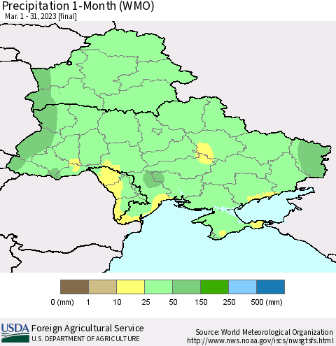 Ukraine, Moldova and Belarus Precipitation 1-Month (WMO) Thematic Map For 3/1/2023 - 3/31/2023