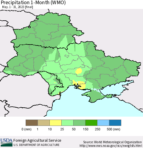 Ukraine, Moldova and Belarus Precipitation 1-Month (WMO) Thematic Map For 5/1/2023 - 5/31/2023
