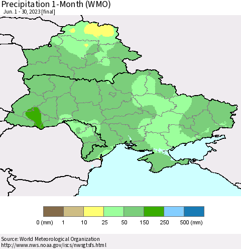 Ukraine, Moldova and Belarus Precipitation 1-Month (WMO) Thematic Map For 6/1/2023 - 6/30/2023