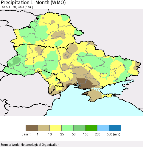 Ukraine, Moldova and Belarus Precipitation 1-Month (WMO) Thematic Map For 9/1/2023 - 9/30/2023
