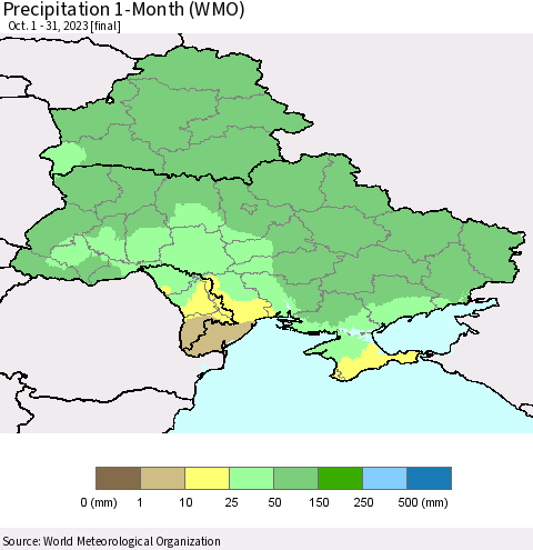 Ukraine, Moldova and Belarus Precipitation 1-Month (WMO) Thematic Map For 10/1/2023 - 10/31/2023