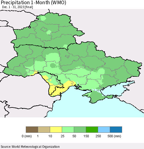 Ukraine, Moldova and Belarus Precipitation 1-Month (WMO) Thematic Map For 12/1/2023 - 12/31/2023