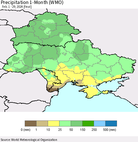 Ukraine, Moldova and Belarus Precipitation 1-Month (WMO) Thematic Map For 2/1/2024 - 2/29/2024