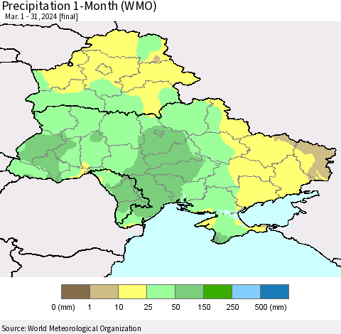 Ukraine, Moldova and Belarus Precipitation 1-Month (WMO) Thematic Map For 3/1/2024 - 3/31/2024