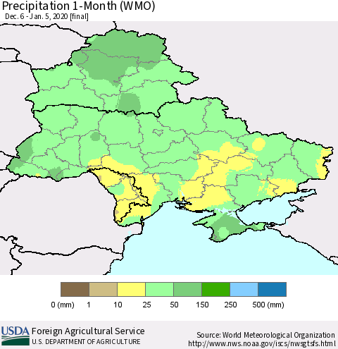 Ukraine, Moldova and Belarus Precipitation 1-Month (WMO) Thematic Map For 12/6/2019 - 1/5/2020