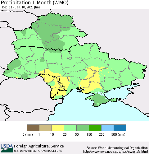 Ukraine, Moldova and Belarus Precipitation 1-Month (WMO) Thematic Map For 12/11/2019 - 1/10/2020