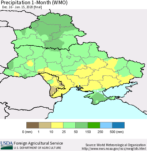 Ukraine, Moldova and Belarus Precipitation 1-Month (WMO) Thematic Map For 12/16/2019 - 1/15/2020