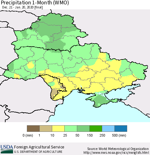 Ukraine, Moldova and Belarus Precipitation 1-Month (WMO) Thematic Map For 12/21/2019 - 1/20/2020