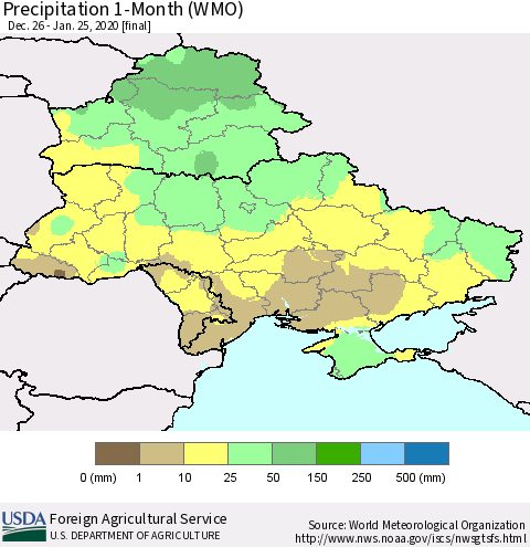 Ukraine, Moldova and Belarus Precipitation 1-Month (WMO) Thematic Map For 12/26/2019 - 1/25/2020