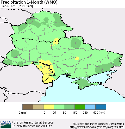 Ukraine, Moldova and Belarus Precipitation 1-Month (WMO) Thematic Map For 1/6/2020 - 2/5/2020