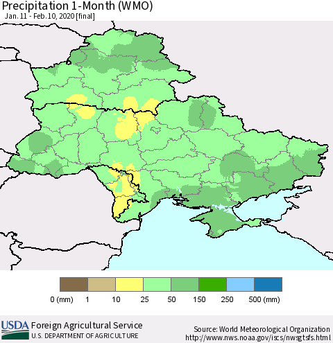 Ukraine, Moldova and Belarus Precipitation 1-Month (WMO) Thematic Map For 1/11/2020 - 2/10/2020