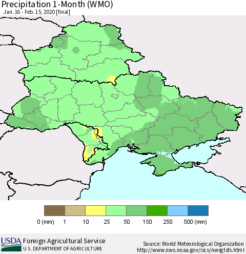 Ukraine, Moldova and Belarus Precipitation 1-Month (WMO) Thematic Map For 1/16/2020 - 2/15/2020