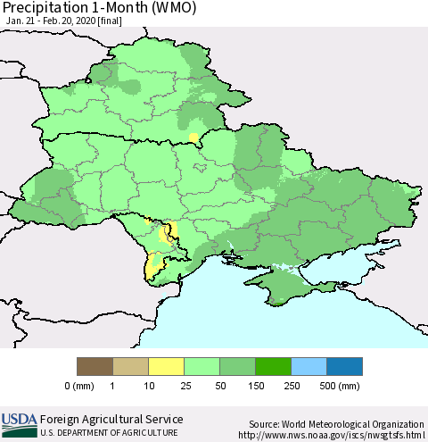 Ukraine, Moldova and Belarus Precipitation 1-Month (WMO) Thematic Map For 1/21/2020 - 2/20/2020