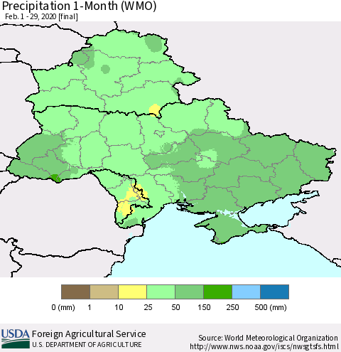 Ukraine, Moldova and Belarus Precipitation 1-Month (WMO) Thematic Map For 2/1/2020 - 2/29/2020
