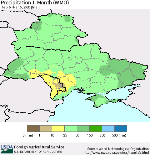 Ukraine, Moldova and Belarus Precipitation 1-Month (WMO) Thematic Map For 2/6/2020 - 3/5/2020