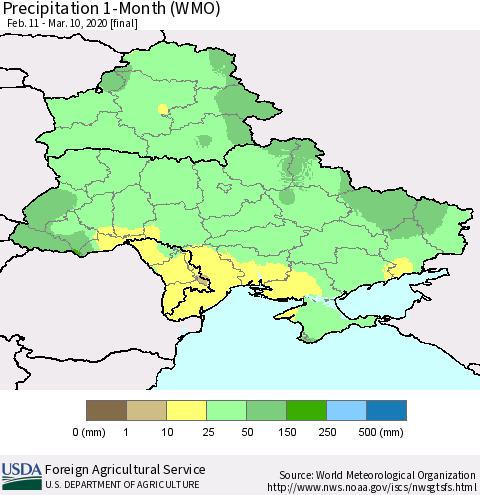 Ukraine, Moldova and Belarus Precipitation 1-Month (WMO) Thematic Map For 2/11/2020 - 3/10/2020