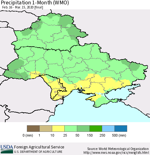 Ukraine, Moldova and Belarus Precipitation 1-Month (WMO) Thematic Map For 2/16/2020 - 3/15/2020