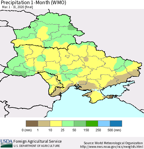 Ukraine, Moldova and Belarus Precipitation 1-Month (WMO) Thematic Map For 3/1/2020 - 3/31/2020