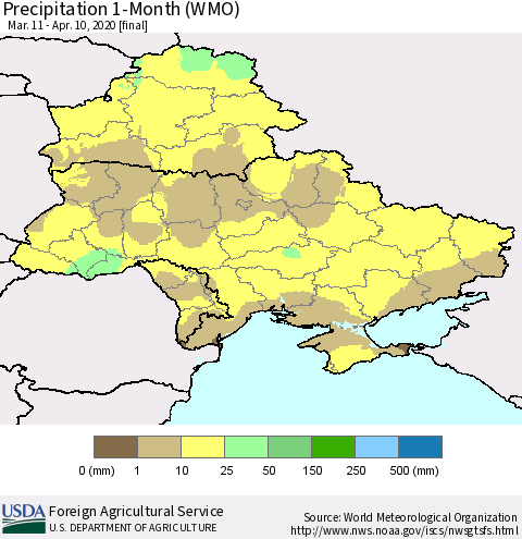 Ukraine, Moldova and Belarus Precipitation 1-Month (WMO) Thematic Map For 3/11/2020 - 4/10/2020