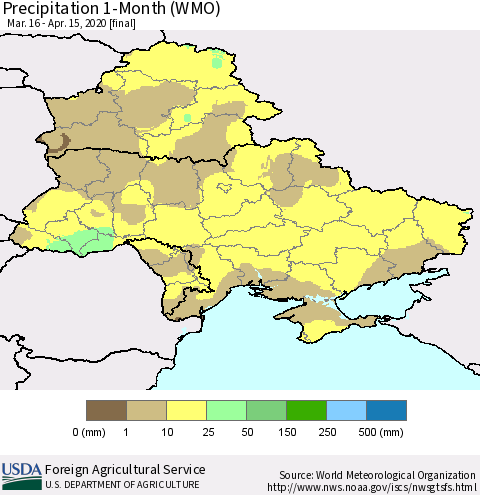 Ukraine, Moldova and Belarus Precipitation 1-Month (WMO) Thematic Map For 3/16/2020 - 4/15/2020