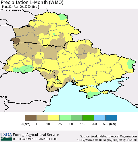 Ukraine, Moldova and Belarus Precipitation 1-Month (WMO) Thematic Map For 3/21/2020 - 4/20/2020