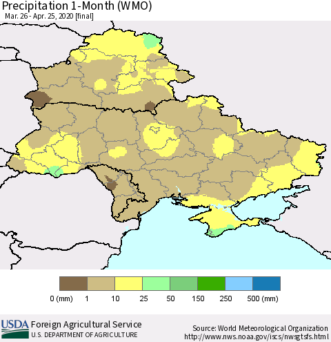 Ukraine, Moldova and Belarus Precipitation 1-Month (WMO) Thematic Map For 3/26/2020 - 4/25/2020