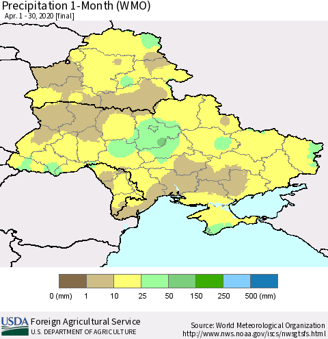 Ukraine, Moldova and Belarus Precipitation 1-Month (WMO) Thematic Map For 4/1/2020 - 4/30/2020