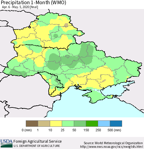 Ukraine, Moldova and Belarus Precipitation 1-Month (WMO) Thematic Map For 4/6/2020 - 5/5/2020