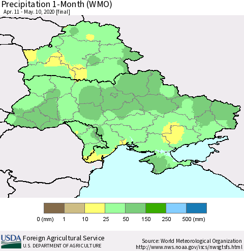 Ukraine, Moldova and Belarus Precipitation 1-Month (WMO) Thematic Map For 4/11/2020 - 5/10/2020