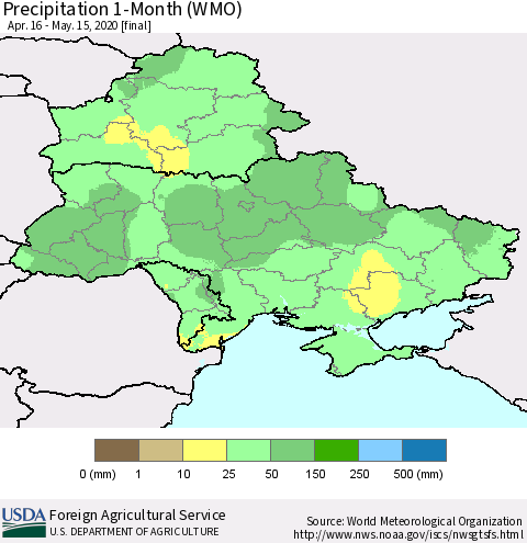 Ukraine, Moldova and Belarus Precipitation 1-Month (WMO) Thematic Map For 4/16/2020 - 5/15/2020