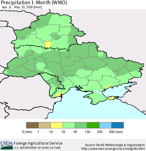 Ukraine, Moldova and Belarus Precipitation 1-Month (WMO) Thematic Map For 4/21/2020 - 5/20/2020