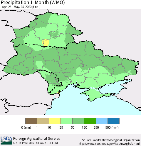 Ukraine, Moldova and Belarus Precipitation 1-Month (WMO) Thematic Map For 4/26/2020 - 5/25/2020