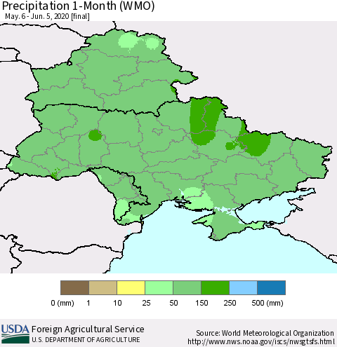 Ukraine, Moldova and Belarus Precipitation 1-Month (WMO) Thematic Map For 5/6/2020 - 6/5/2020