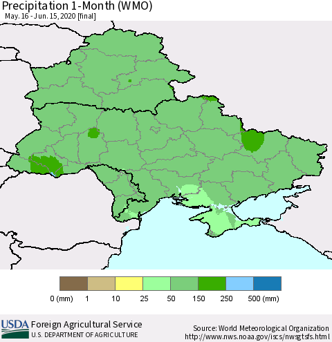 Ukraine, Moldova and Belarus Precipitation 1-Month (WMO) Thematic Map For 5/16/2020 - 6/15/2020