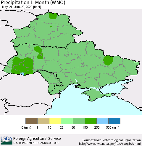 Ukraine, Moldova and Belarus Precipitation 1-Month (WMO) Thematic Map For 5/21/2020 - 6/20/2020